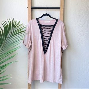 Dreamers Blush Pink Deep Lace Up V-Neck Oversized T-Shirt Dress
